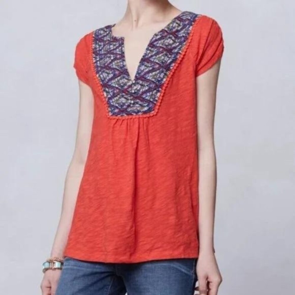 Anthropologie Meadow Rue Embroidered Red Ikat Top Size XS Boho Bohemian